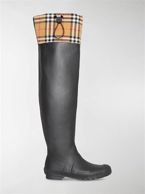 burberry vintage check and rubber knee-high rain boots|Burberry neoprene boots.